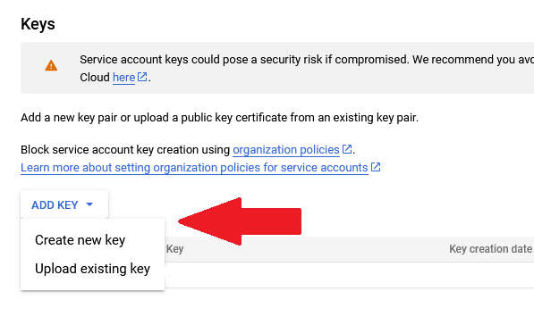 Adding a new Google Cloud service account key