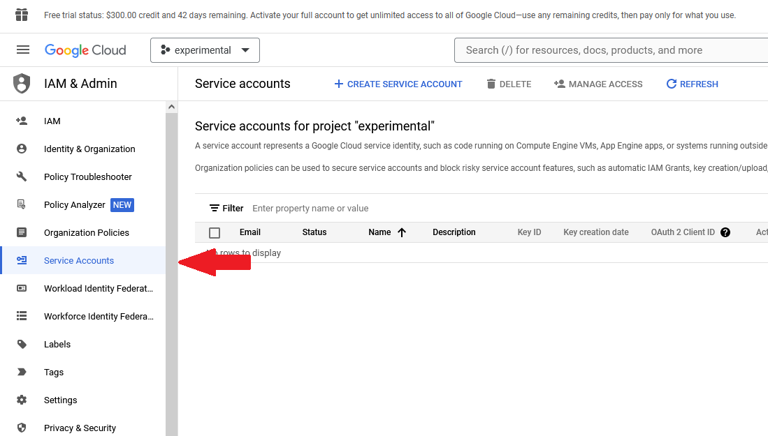 Creating a new Google Cloud service account