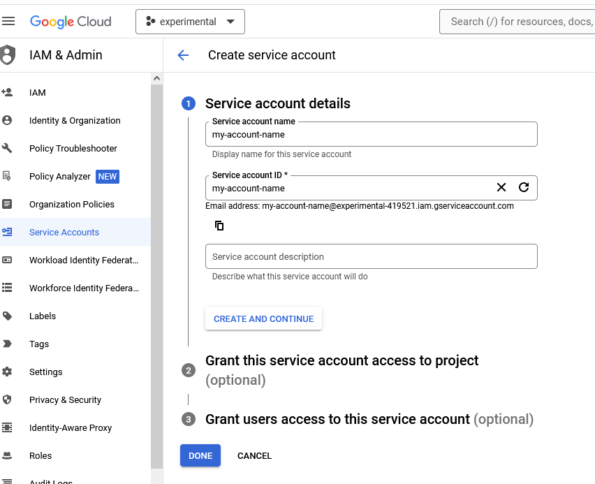 Populating Google Cloud Service Account Details