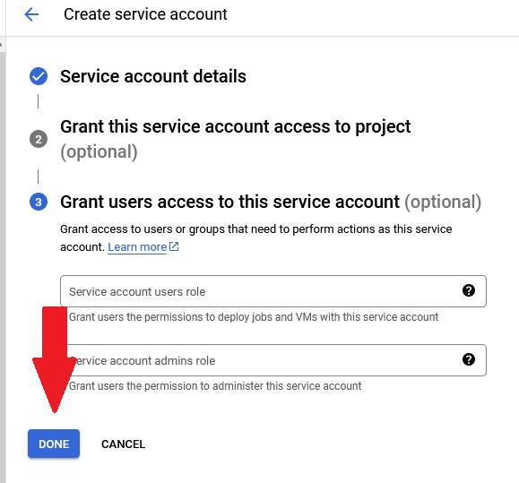 Finishing Google Cloud service account creation