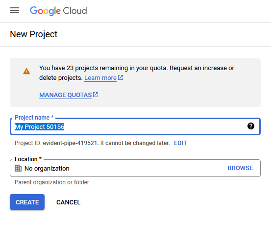 Entering Google Cloud project details