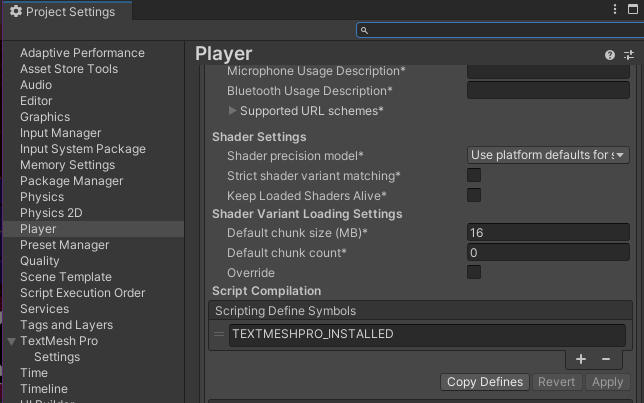 Adding the TEXTMESHPRO_INSTALLED Scripting Define Symbol