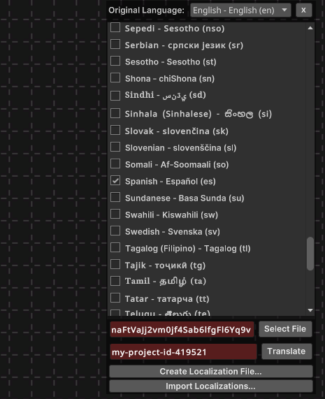 Translation Settings in the Localization Panel